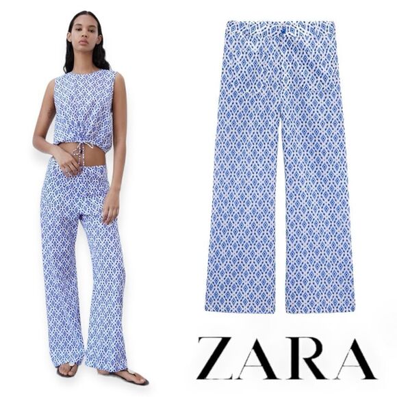 ZARA | Blue | PRINTED PANTS WITH POCKETS - Picture 1 of 9